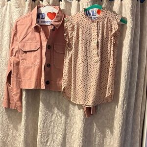 LOFT Pink Cropped Jacket and Polka Dot Blouse Set